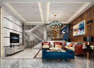 蓝色沙发优雅的室内装修3d模型